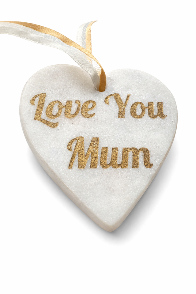 MarbleHeart-shaped ornament with 'Love You Mum' text on a white background
