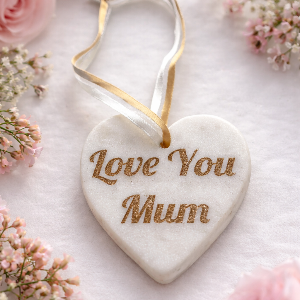Heart-shaped Marble ornament with 'Love You Mum' text, surrounded by pink flowers on a light background