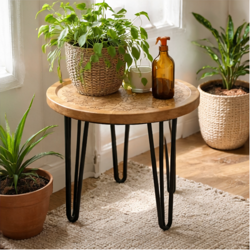 Round wooden table with black hairpin legs in various home decor settings.