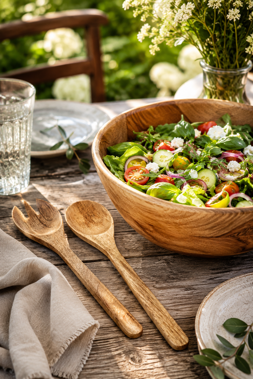 Mango wood salad servers and a wooden salad bowl with a salad on a wooden table outdoors.
