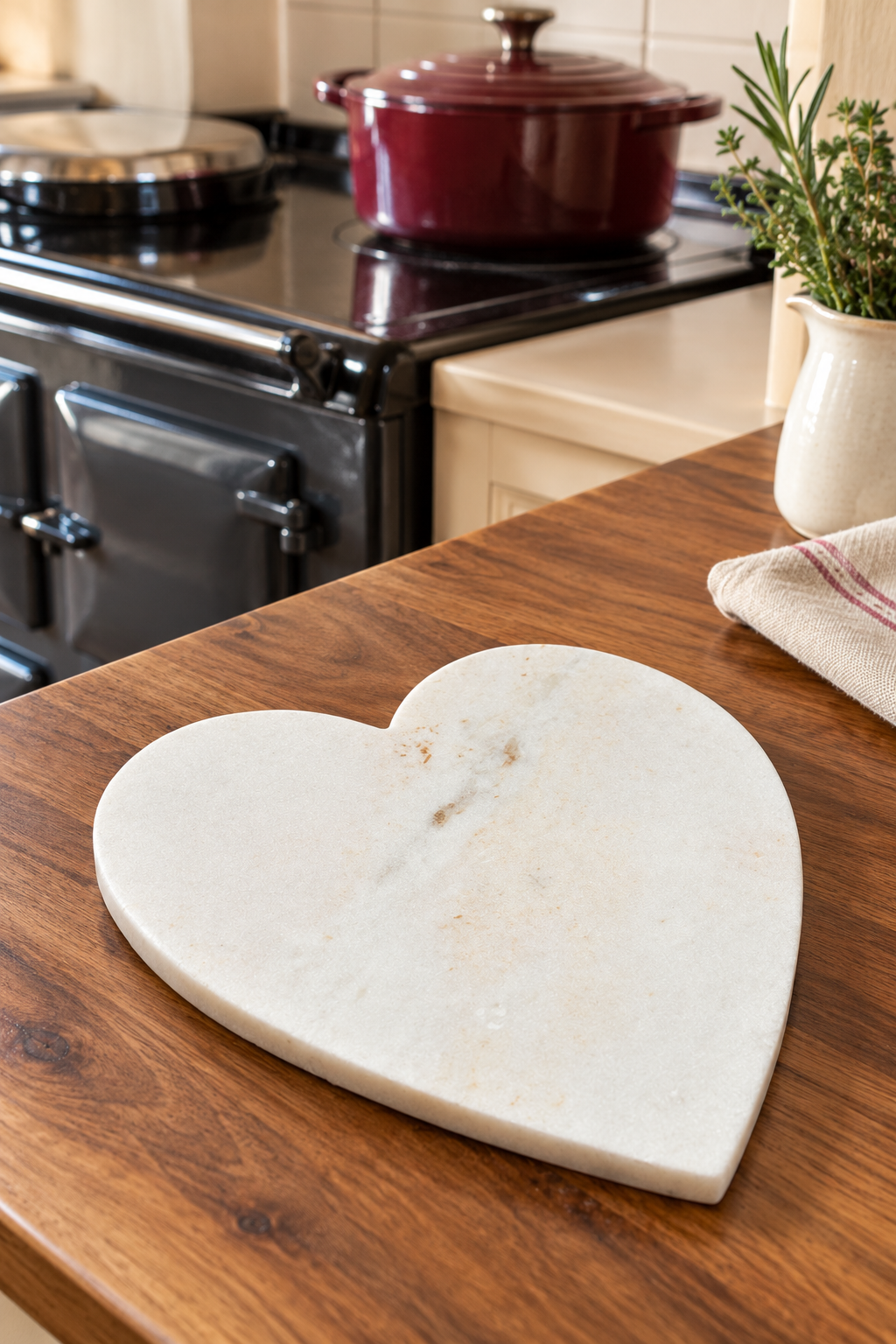 Heart-shaped trivet made from natural white marble. Measures 23cm wide × 27cm long × 1.5cm thick