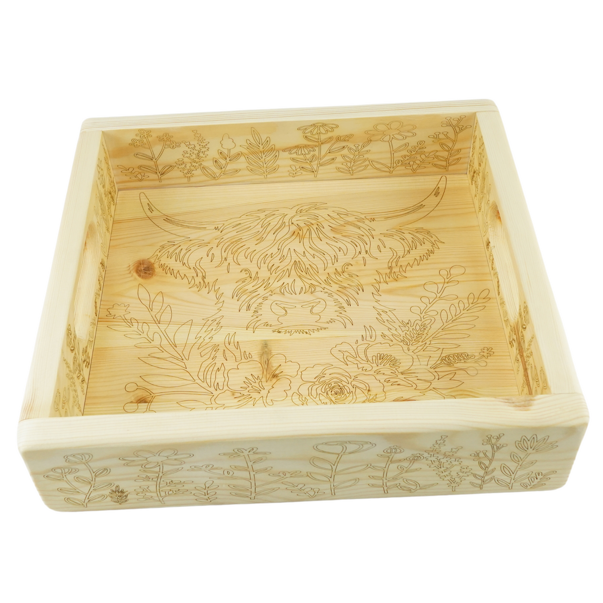 Meadow Wooden Serving Tray with Highland Cow & Floral Engraving