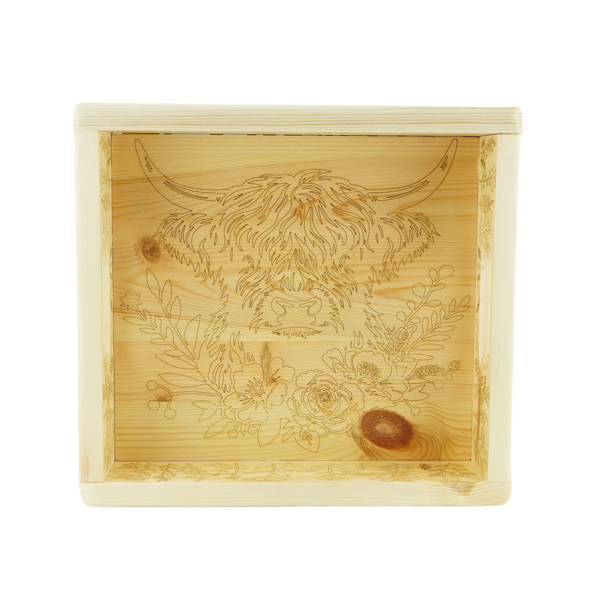 Meadow Wooden Serving Tray with Highland Cow & Floral Engraving