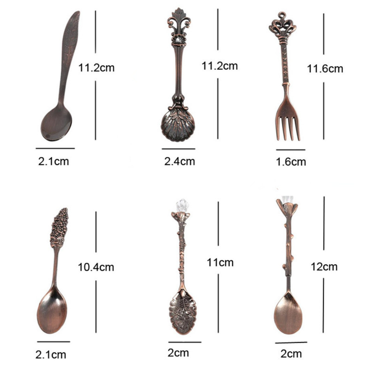 Measurement chart of various decorative spoons, forks, and knives on a white background.