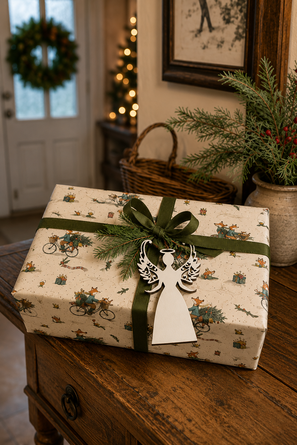 White filigree angel gift tag on a Merry Foxmas Bicycle wrapped Christmas present with green linen ribbon.