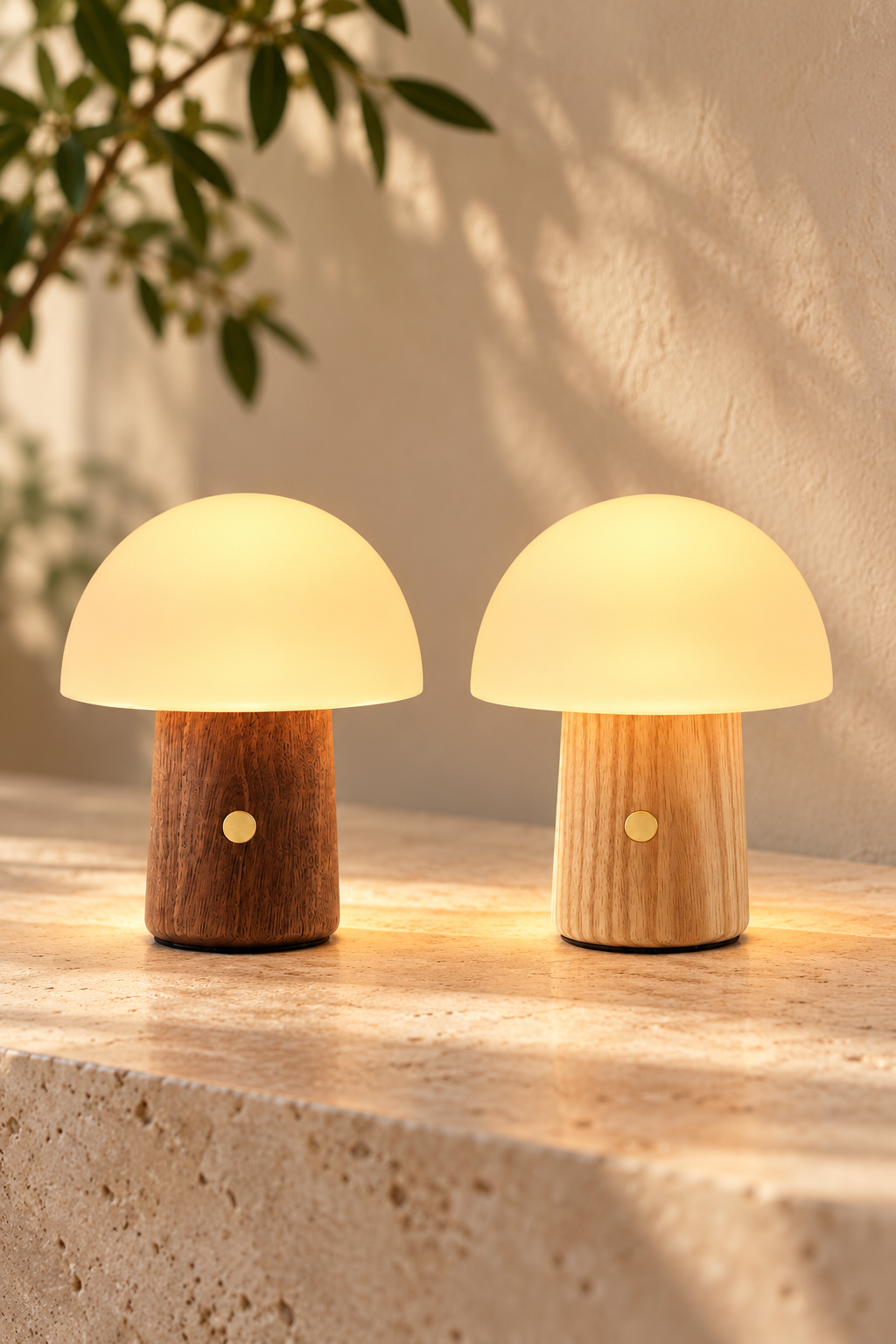 Mini Alice Mushroom Lamps in Walnut and White Ash shown side by side