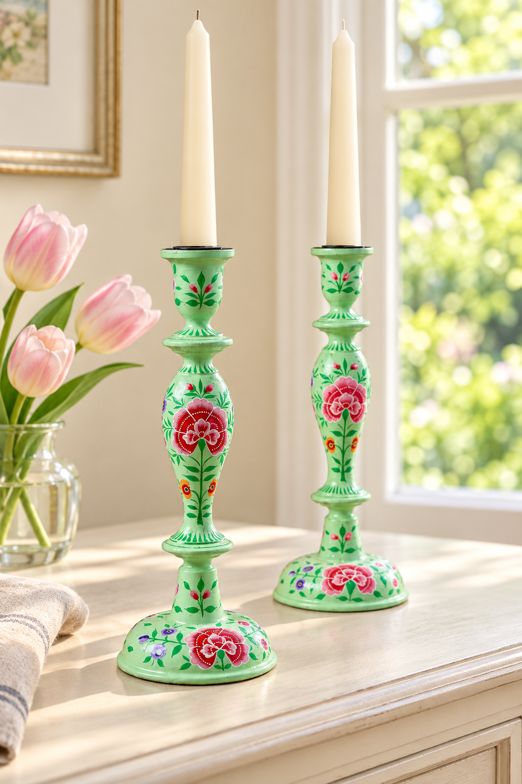 A pair of hand-painted green ceramic candlesticks with floral designs, holding white taper candles, displayed on a light wood table in a bright room with tulips in the background.