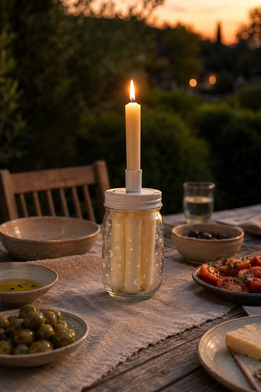 A lit candle holder made from a clear glass mason jar with a white lid, holding several cream-colored taper candles, set on a rustic wooden dining table outdoors at sunset with plates of food and greenery in the background.