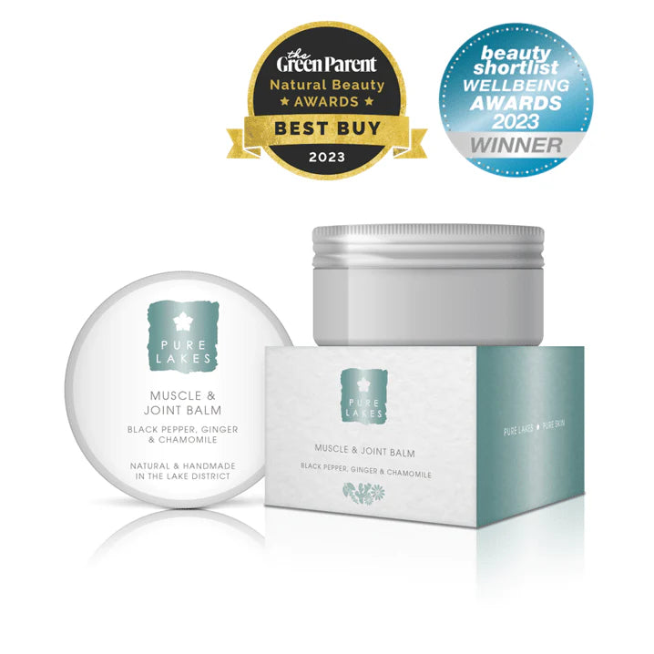 Muscle and joint balm with packaging, featuring awards on a white background