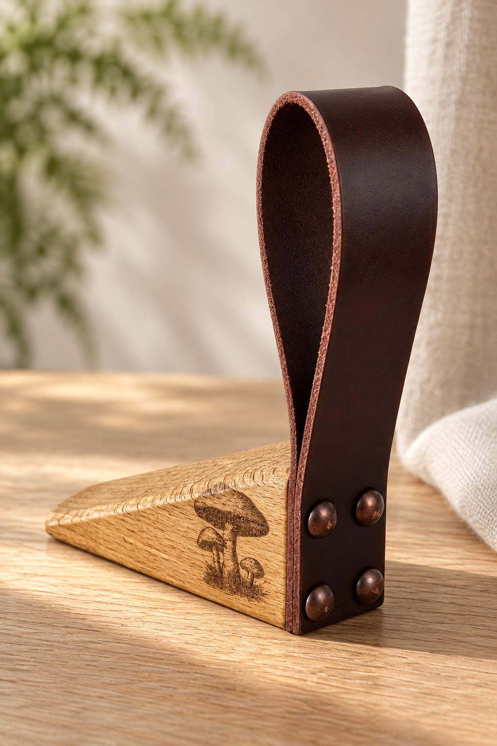 A dark brown leather and oak wood doorstop with a mushroom engraving, shown on a wooden tabletop with soft natural light.