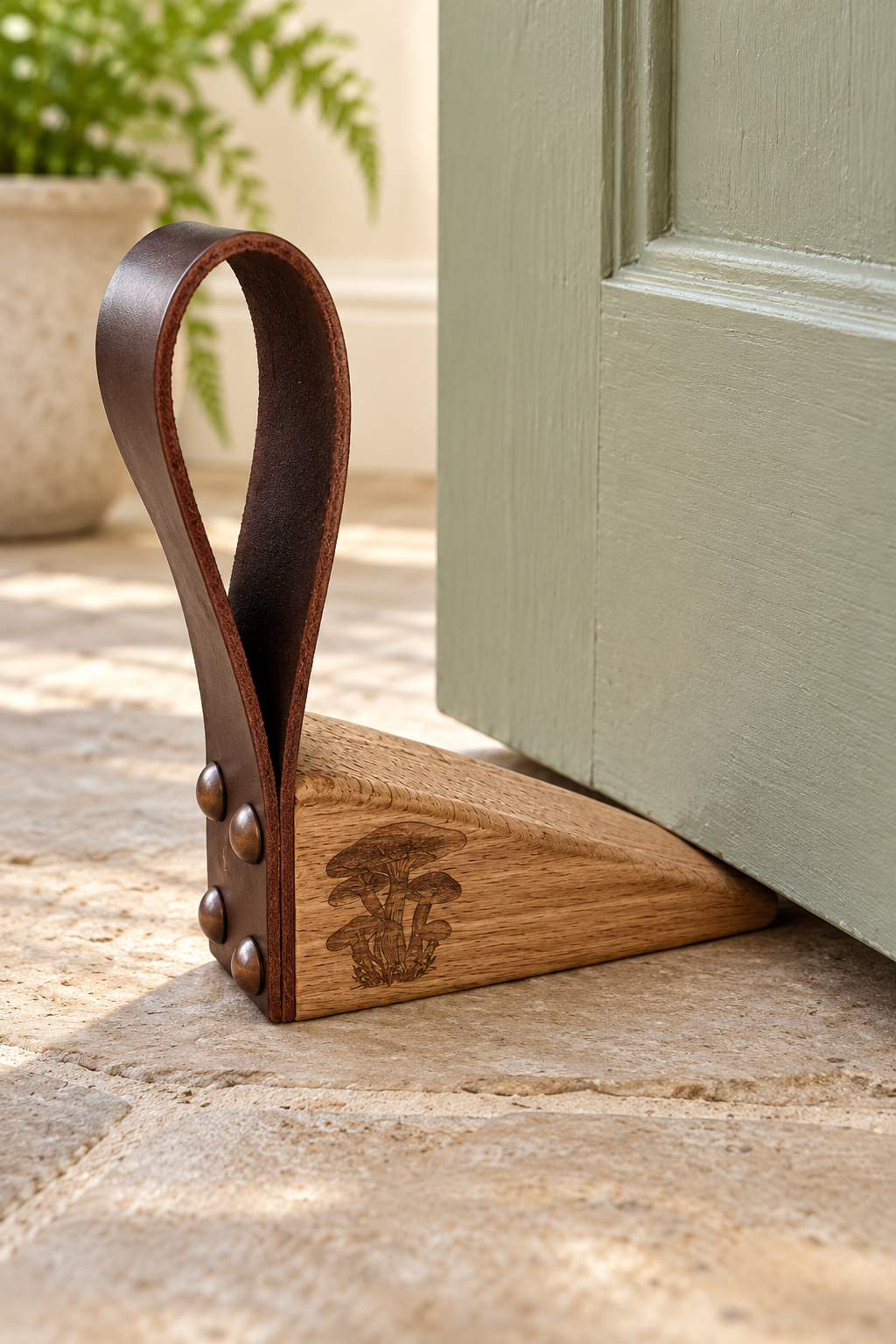 A wooden and leather door stopper resting on a stone floor next to a painted green door. The stopper features a triangular wooden base with a dark brown leather loop attached by metal rivets, and an engraved tree logo on the front.