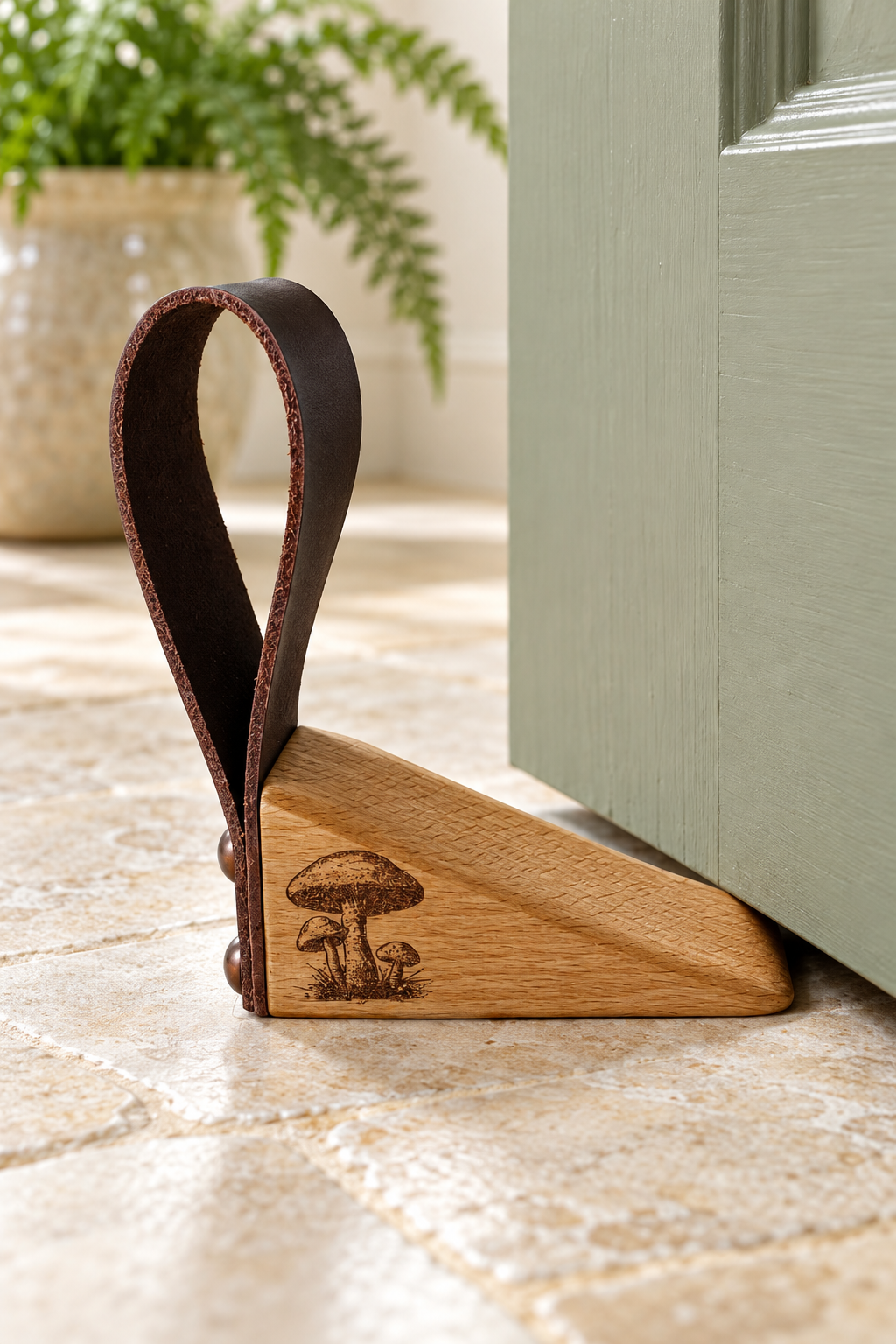 Handmade oak doorstop made in Derbyshire, England, from seasoned oak. Features three mushrooms engraved on both sides and a leather strap for lifting and repositioning. For helping hold a suitable door open around the home