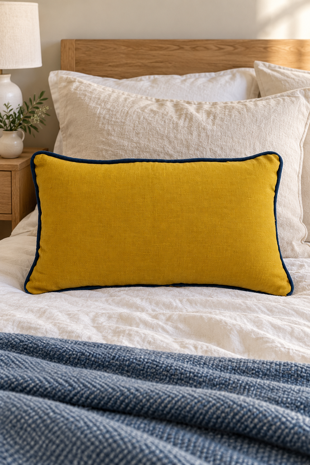 Mustard linen cushion with blue piping on ivory bedding beneath an oak headboard, with a blue throw across the bed.