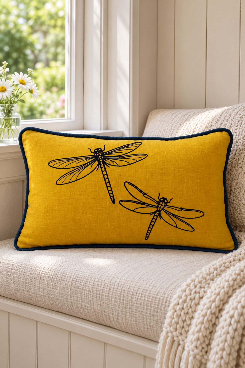 Rectangular mustard linen cushion with two black dragonflies and deep blue piping on a cream window seat beside daisies.