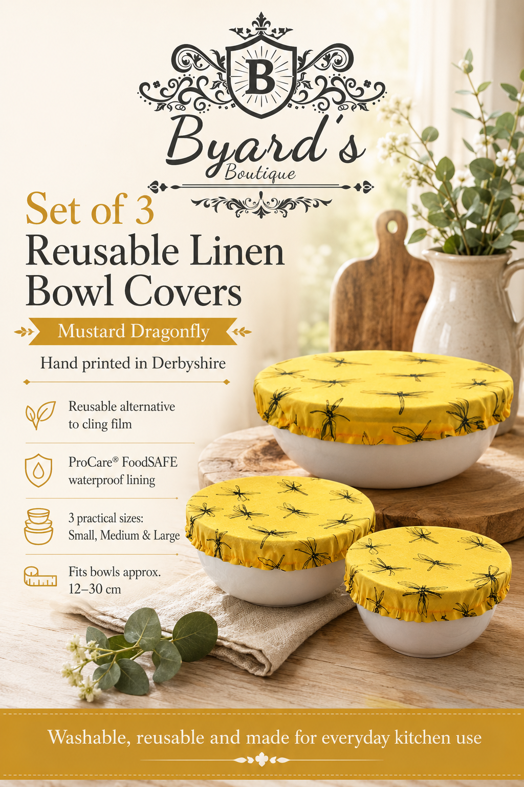 A set of three reusable Mustard Dragonfly linen bowl covers, hand printed in Derbyshire with a black dragonfly design. Lined with ProCare® FoodSAFE waterproof fabric, they are ideal for covering leftovers, salads, fruit bowls, prep bowls and rising dough while reducing the need for cling film.