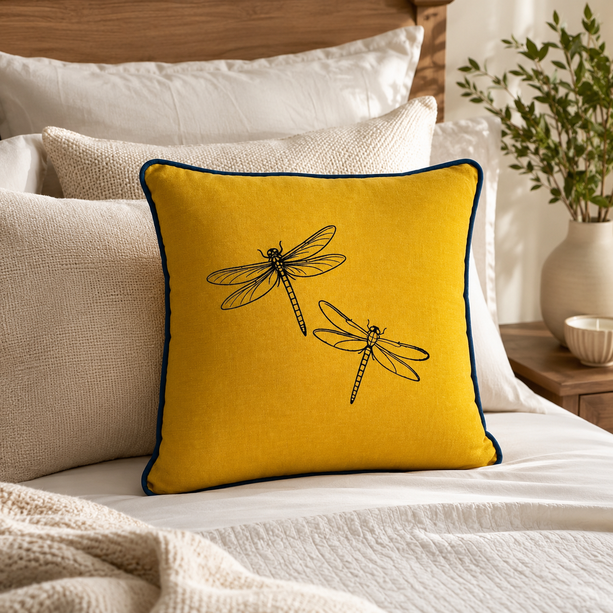 Mustard linen cushion cover with black dragonfly print and deep blue piping styled on a bed with neutral bedding.