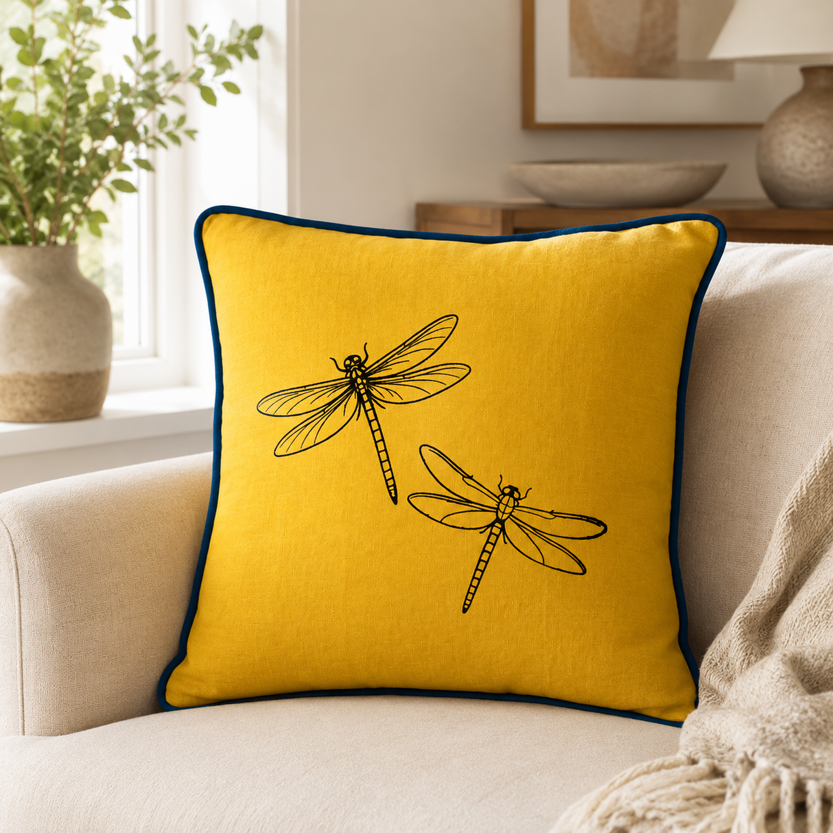 Mustard linen cushion cover with black dragonfly print and deep blue piping styled on a cream sofa.