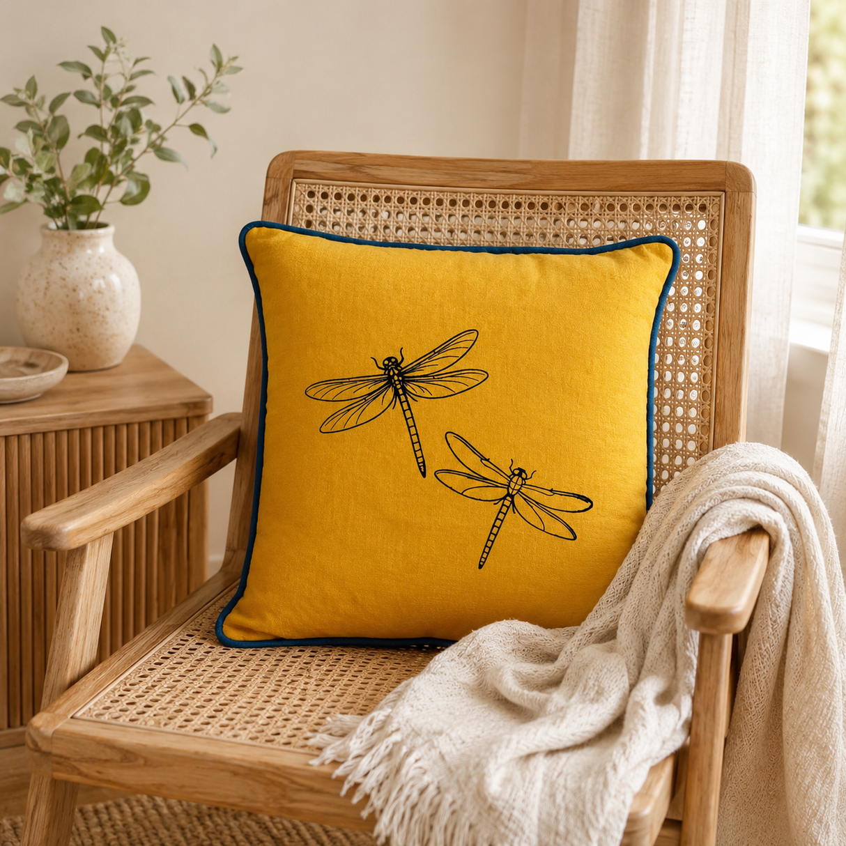Mustard linen cushion cover with black dragonfly print and deep blue piping styled on a wicker chair.