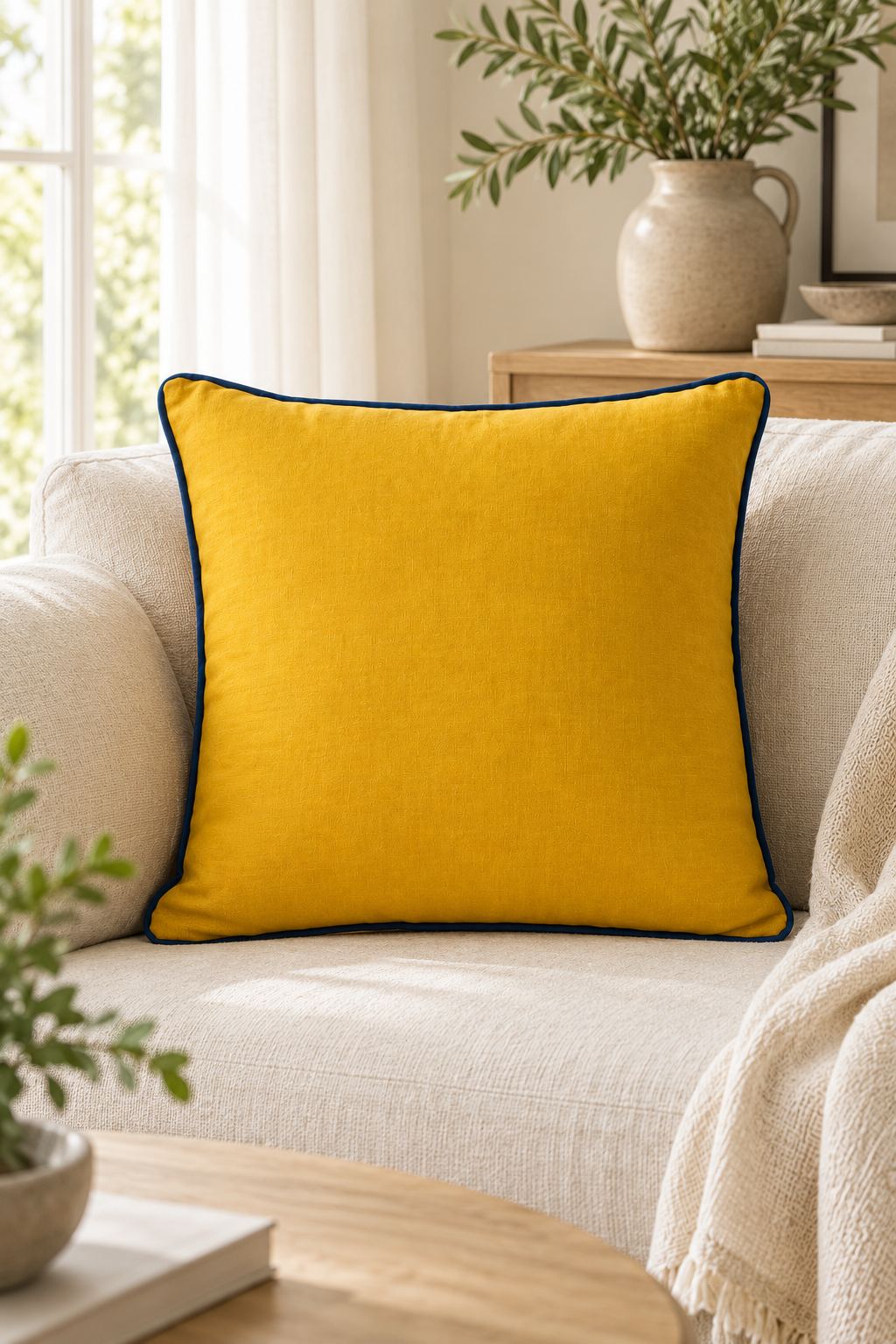 Square mustard cushion with deep blue piping on a rounded rattan armchair beside a window and cream throw.