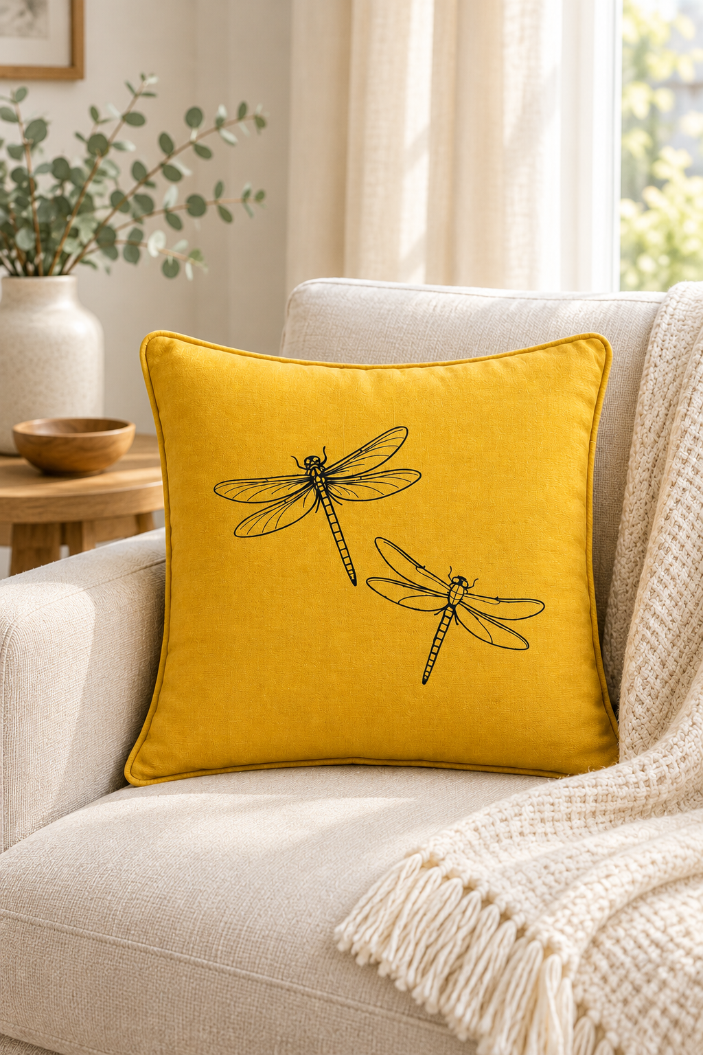A square yellow Linen pillow with black dragonfly, resting on a light beige armchair in a cozy living room setting with a cream knit blanket.