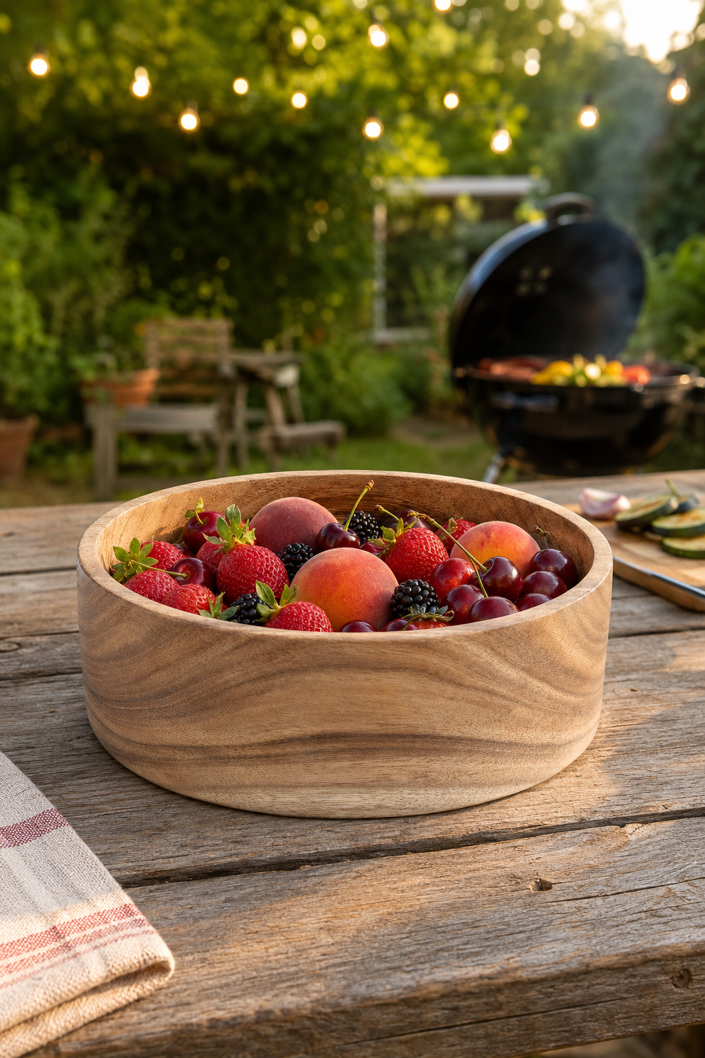 A round wooden bowl filled with assorted fresh fruit, including strawberries, peaches, grapes, and blackberries, set on a rustic wooden table outdoors with a grill and garden lights in the background.