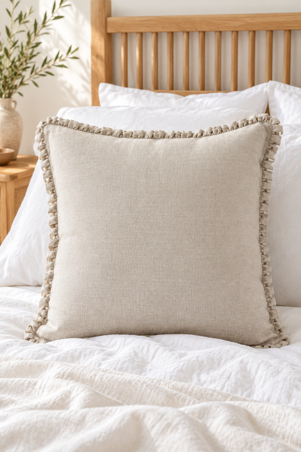 A square beige linen throw pillow with a decorative tassel trim, styled on a bed with white bedding and a wooden headboard.