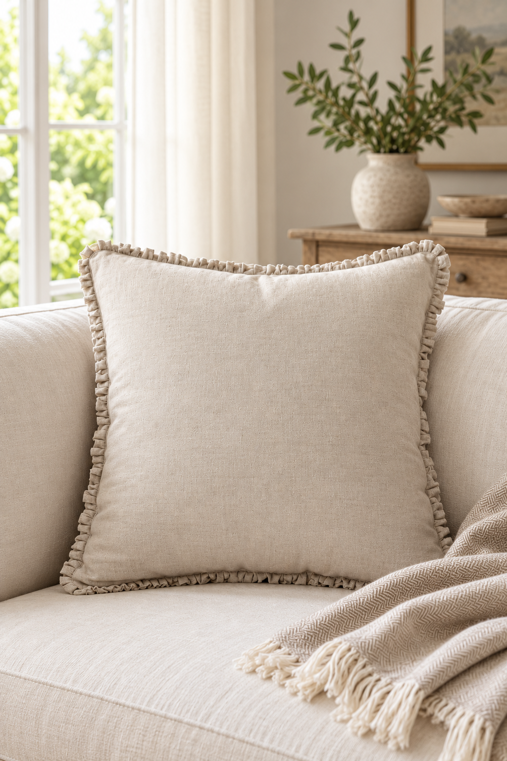 A square beige throw pillow with a delicate ruffled trim, styled on a light-colored sofa next to a matching fringed throw blanket in a bright, neutral-toned living room.
