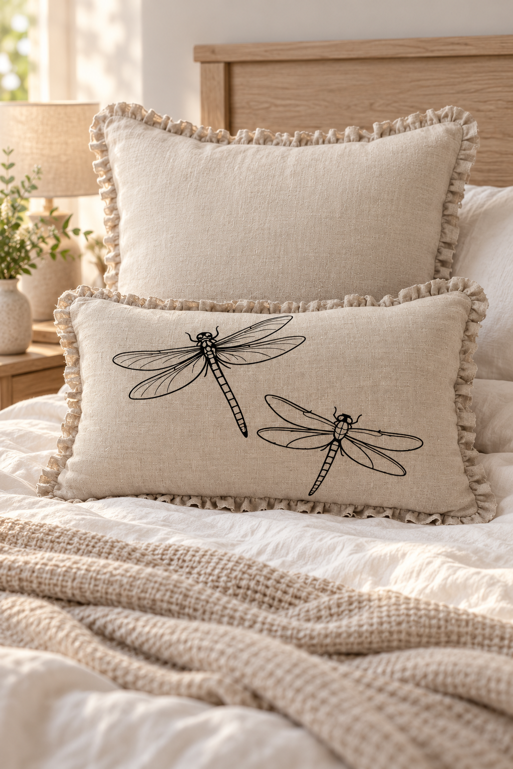 Dragonfly Linen Cushion Cover – Natural Ruffle Edge, 50 × 30cm