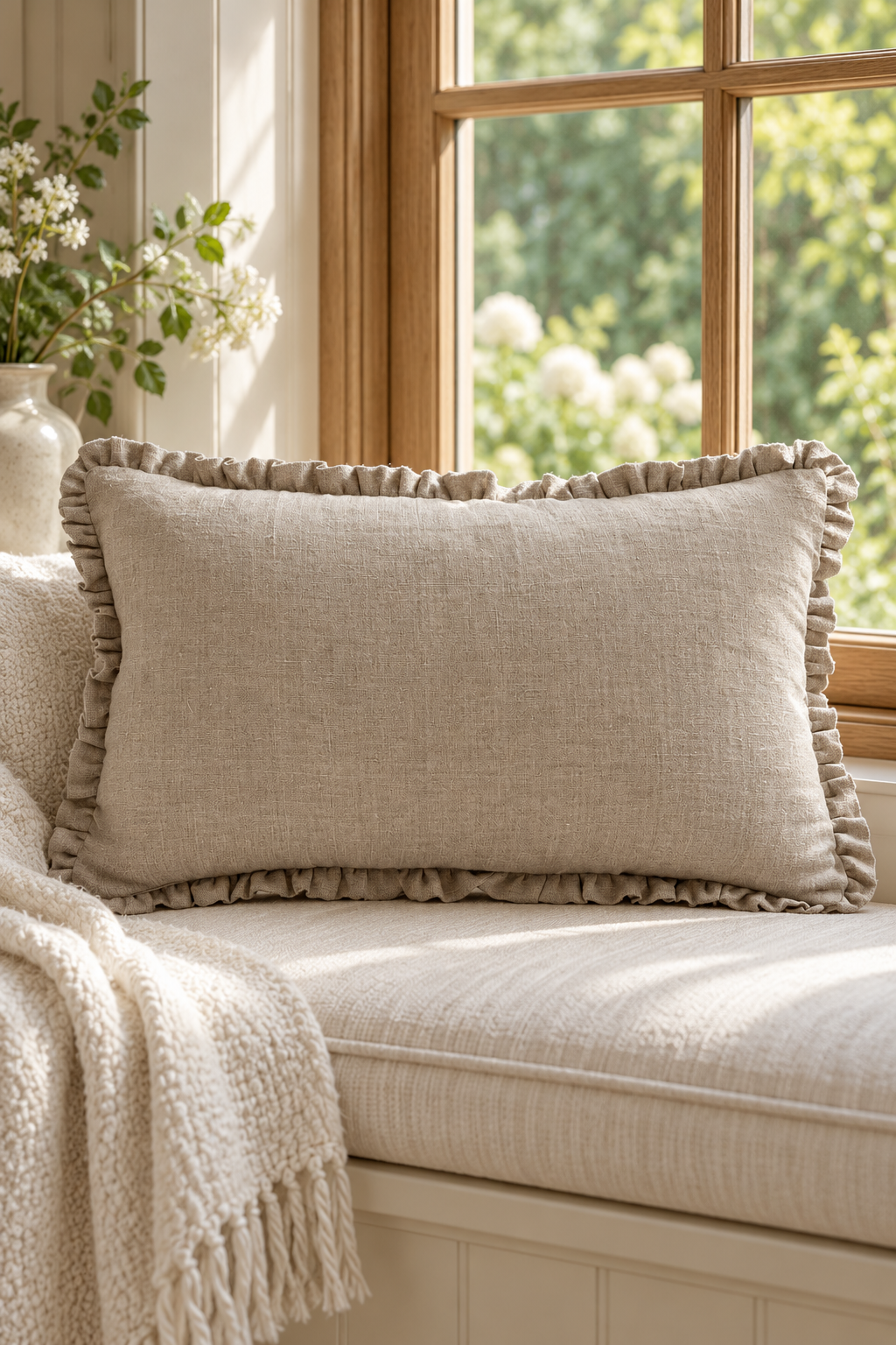 Natural Linen Cushion Cover – Small Frill, 50 × 30cm