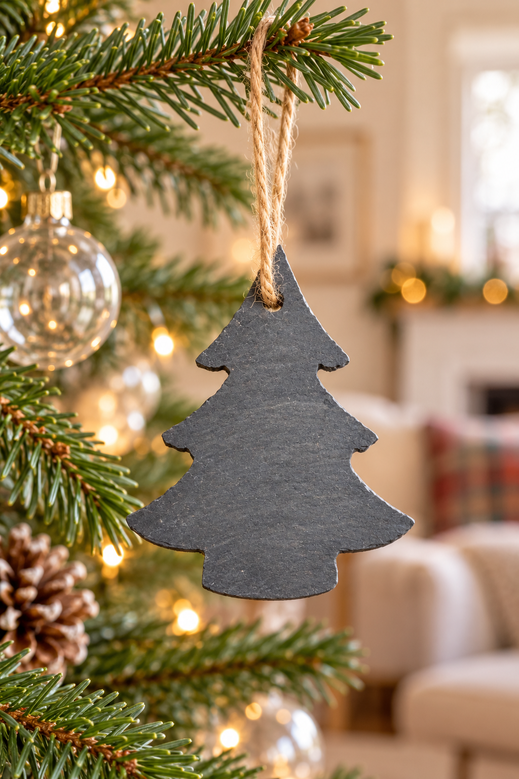 A dark gray slate Christmas tree silhouette ornament hanging from a jute string on a decorated Christmas tree branch, with a cozy living room in the background.