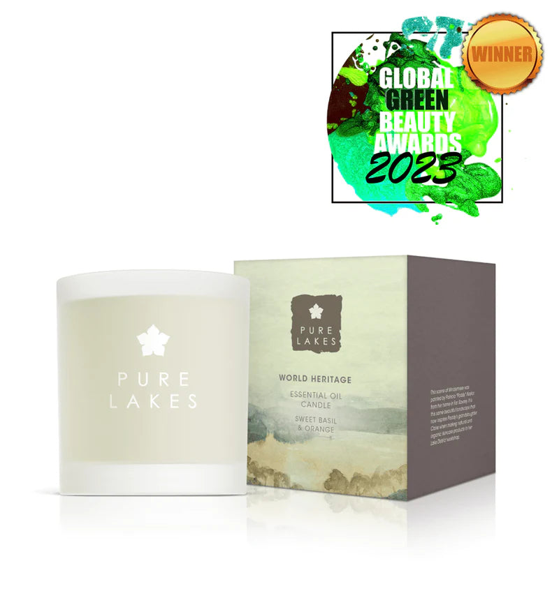 Candle and packaging of Pure Lakes with a 'Global Green Beauty Awards 2023' winner badge.