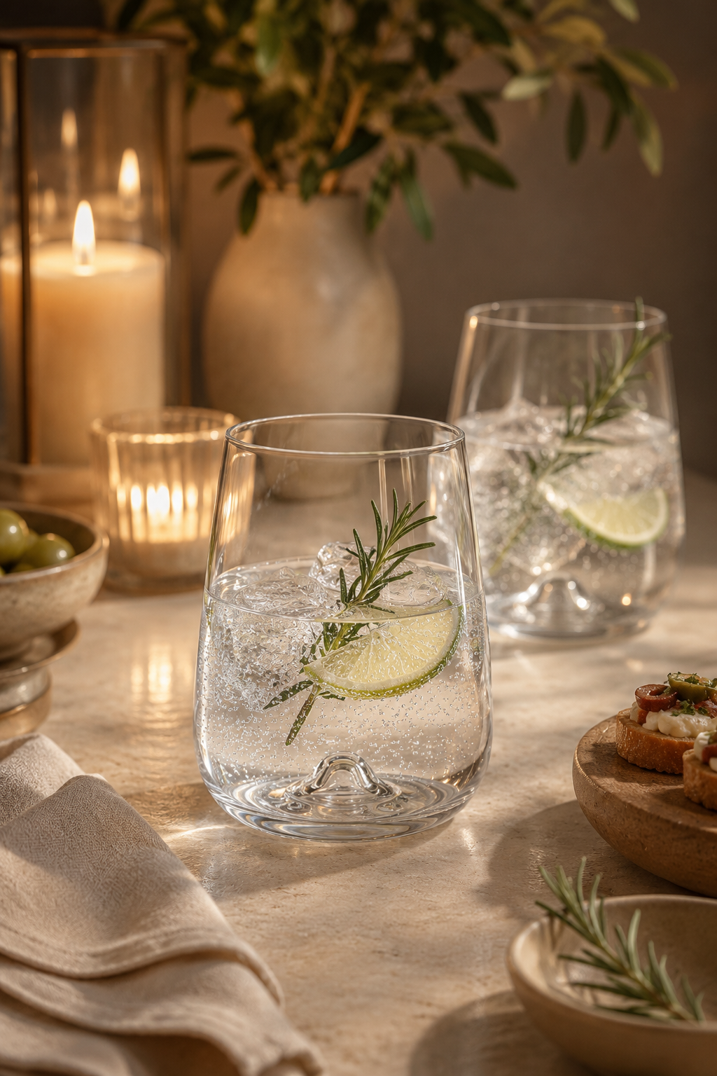 Nord 590ml wide highball glass with modern tapered shape with gin and tonic lime and rosemary.