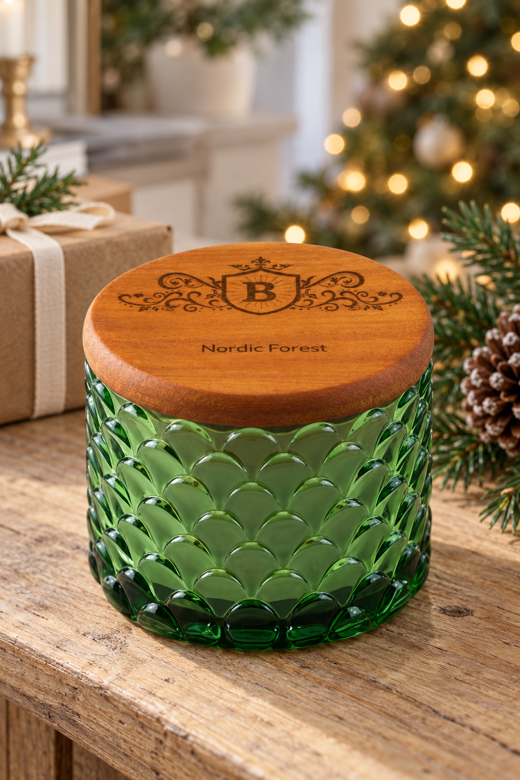 A green textured glass jar candle with a round wooden lid engraved with a monogram and the words 'Nordic Forest,' shown on a wooden table with a gift box and Christmas lights in the background.