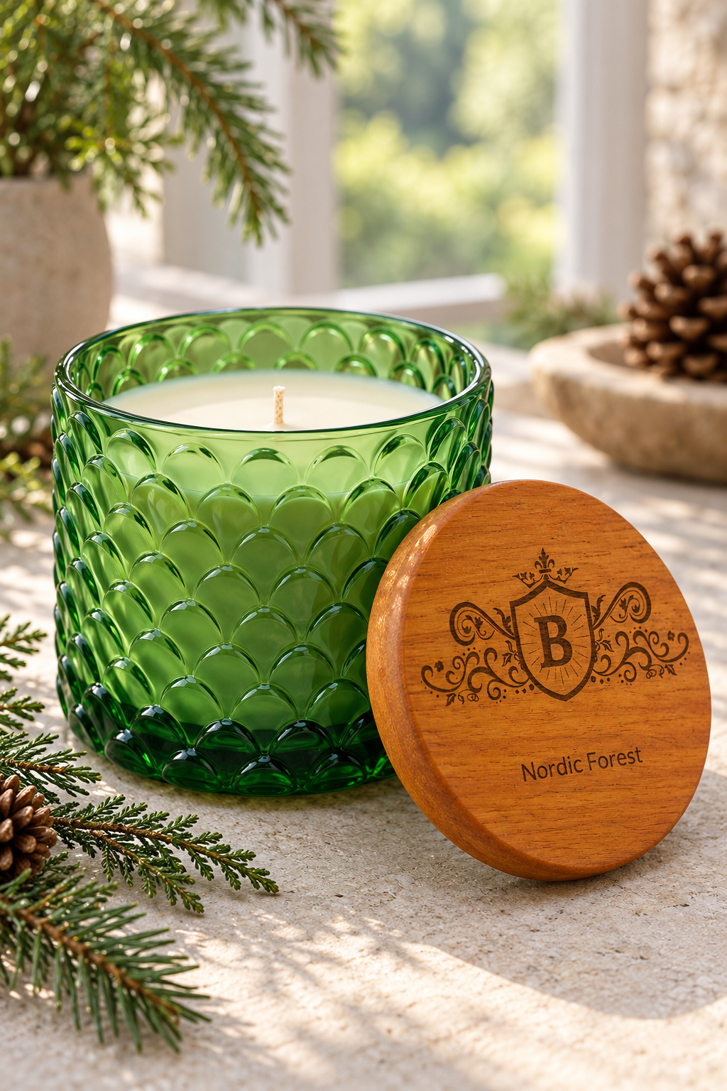 A green textured glass jar candle with white wax sits on a stone surface beside a round wooden lid engraved with a crest and the scent name 'Nordic Forest.' Pine branches, a pinecone, and a softly blurred outdoor window background create a styled natural setting.