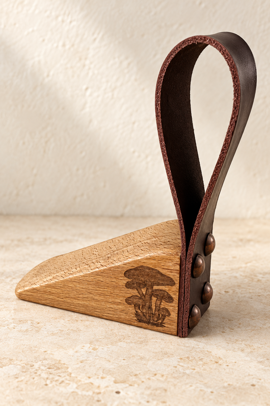 A wedge-shaped wooden block with a dark brown leather loop handle, secured by metal rivets and featuring an engraved mushroom design on the side, set against a neutral textured background.