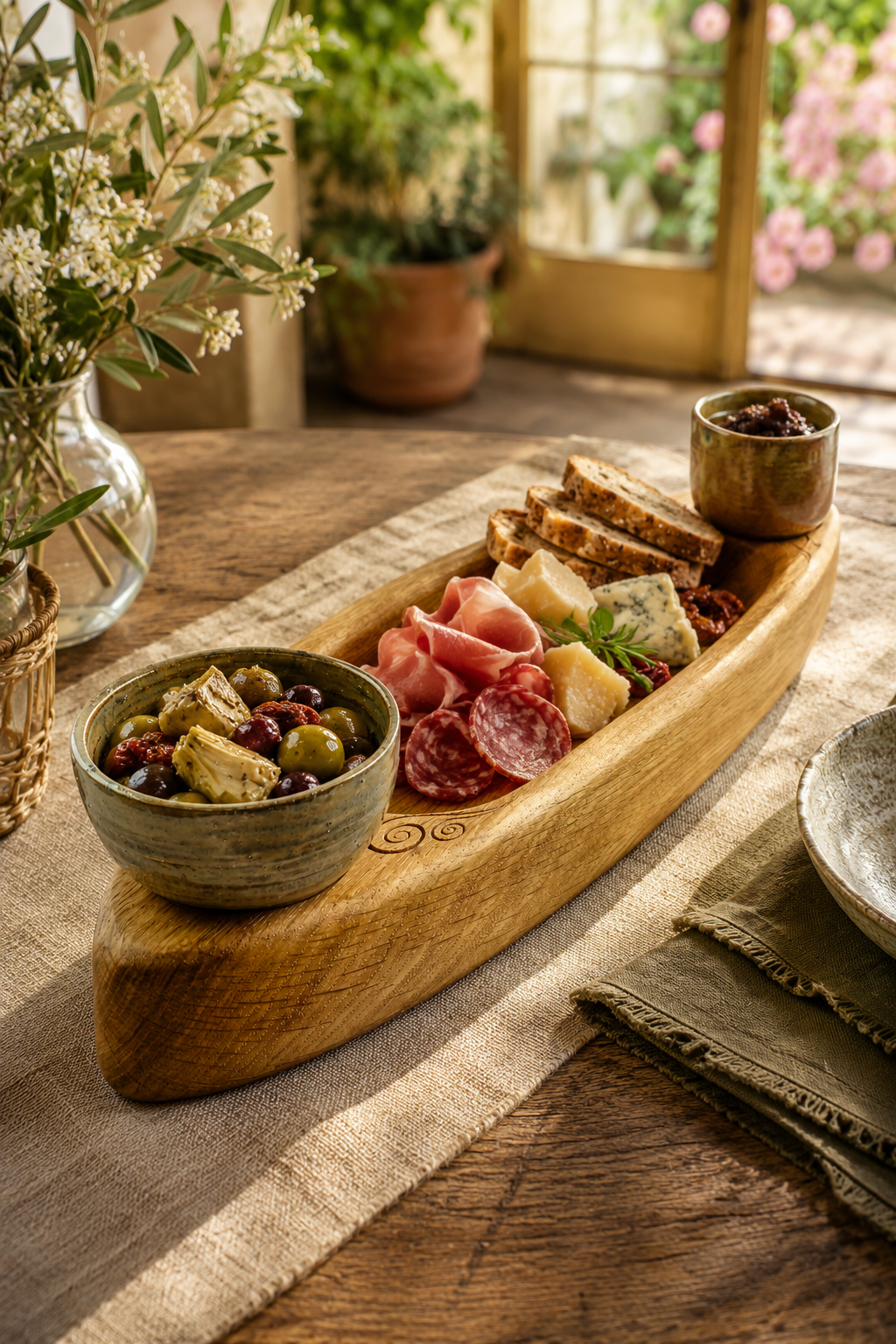 Oak tray with two ceramic pots for nibbles and condiments