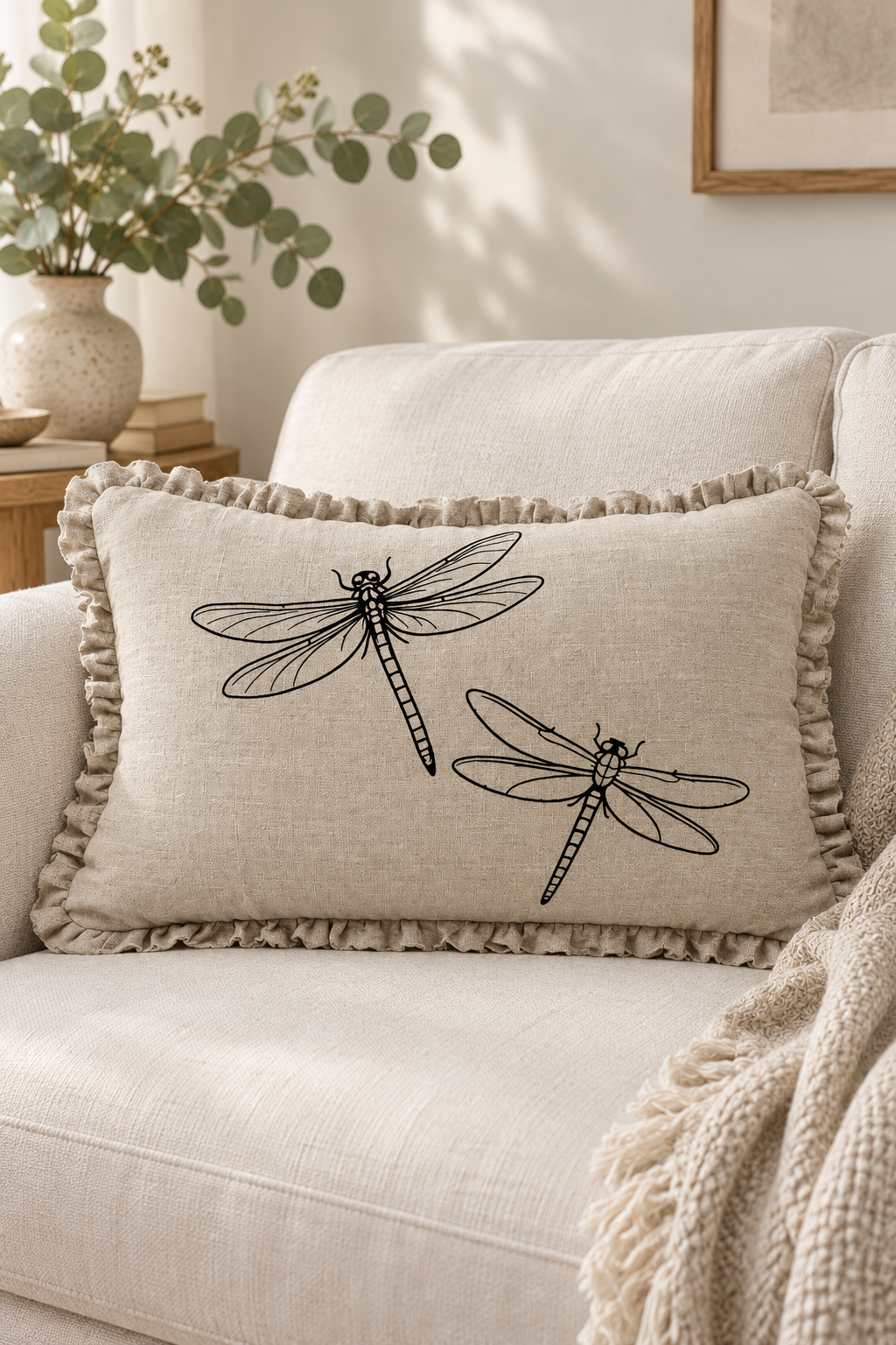 Dragonfly Linen Cushion Cover – Natural Ruffle Edge, 50 × 30cm