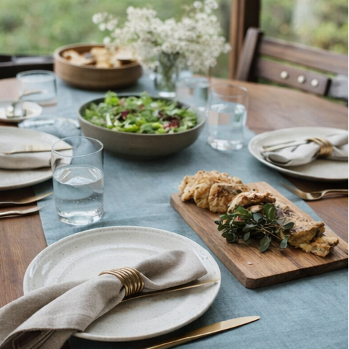 Ocean Mint Linen Table Runner dining table setting with food and tableware.