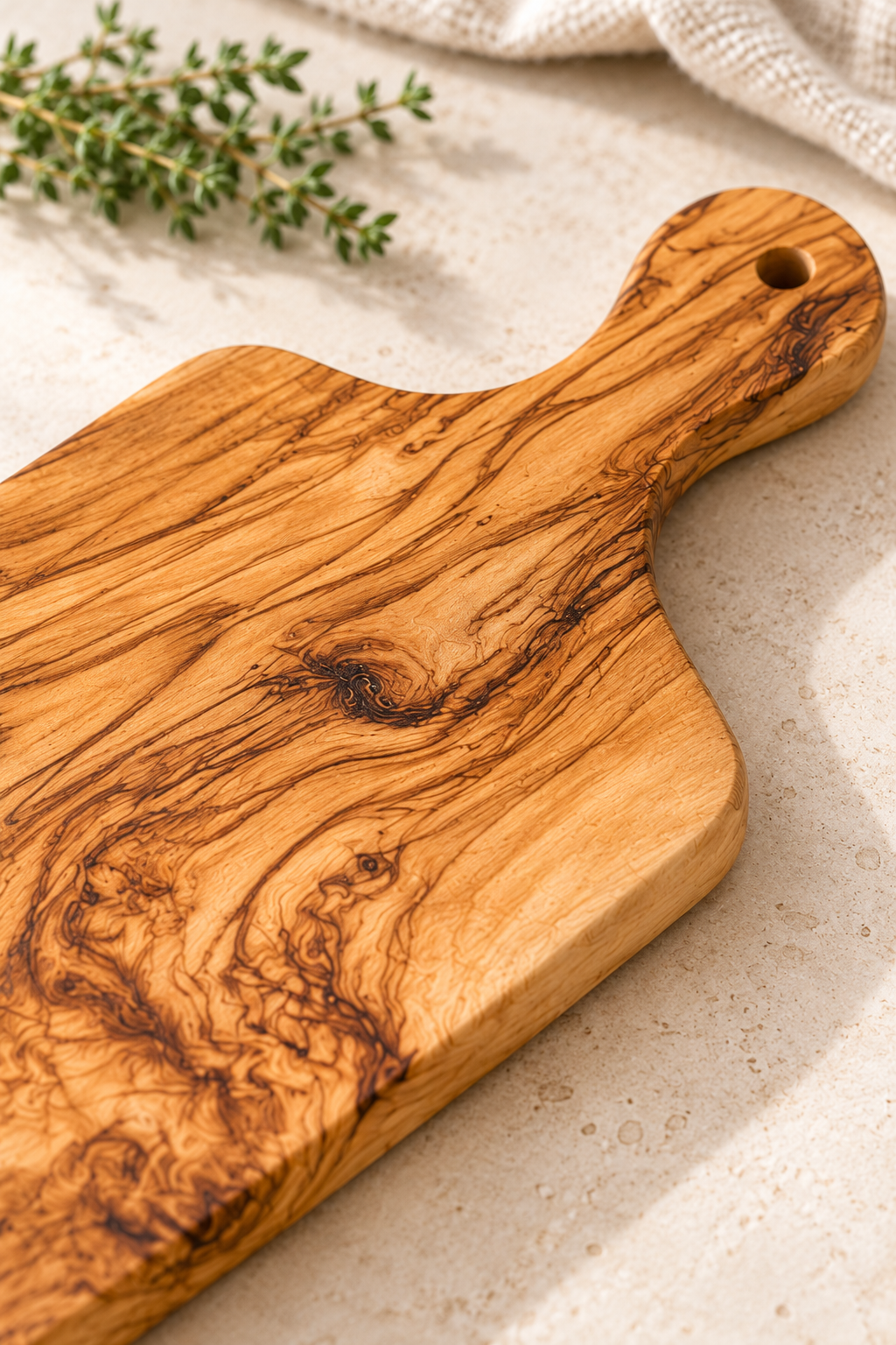 An olive wood serving board with dramatic dark grain patterns, shown on a light textured surface with a sprig of fresh thyme and a linen cloth in the background.