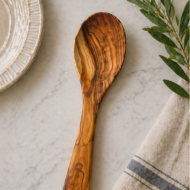 Wooden spoon on a marble surface with a plate and towel in the background