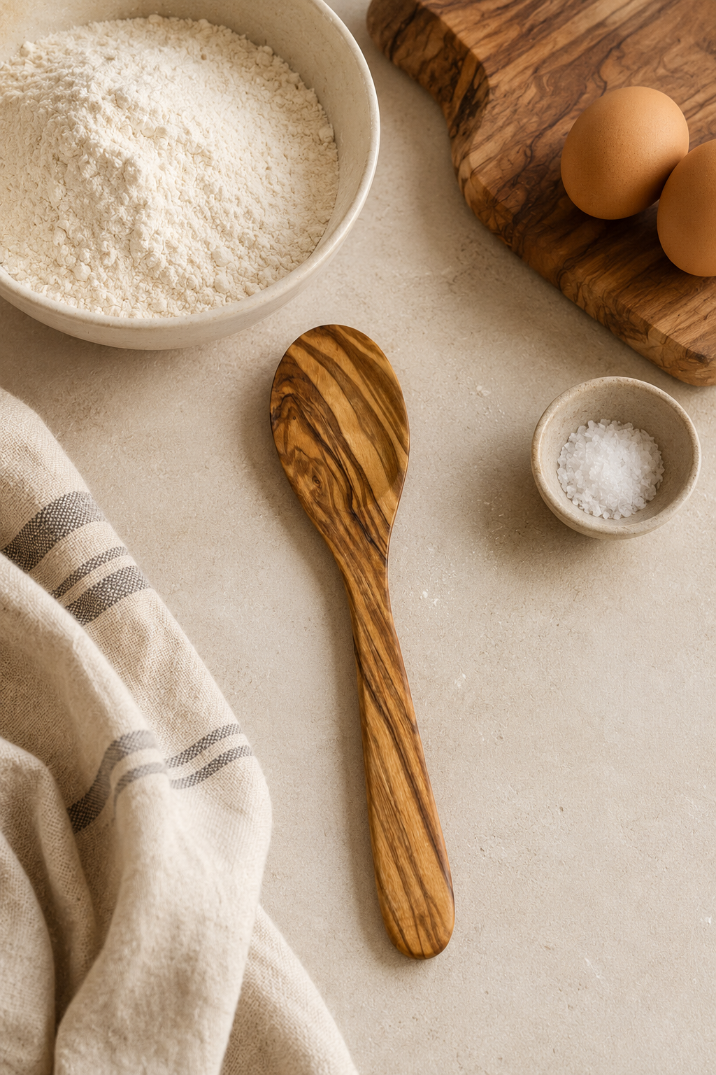 Olive Wood spoon, bowl of flour, eggs, and salt on a light surface with a towel.