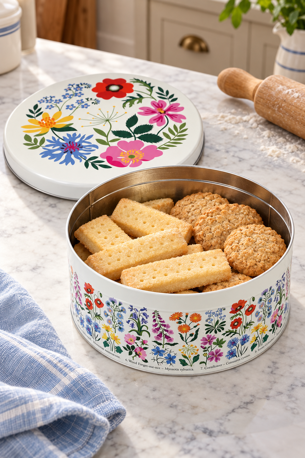 A round floral tin tin with a biscuits, shown on a wooden table with its lid leaning behind it in a bright kitchen