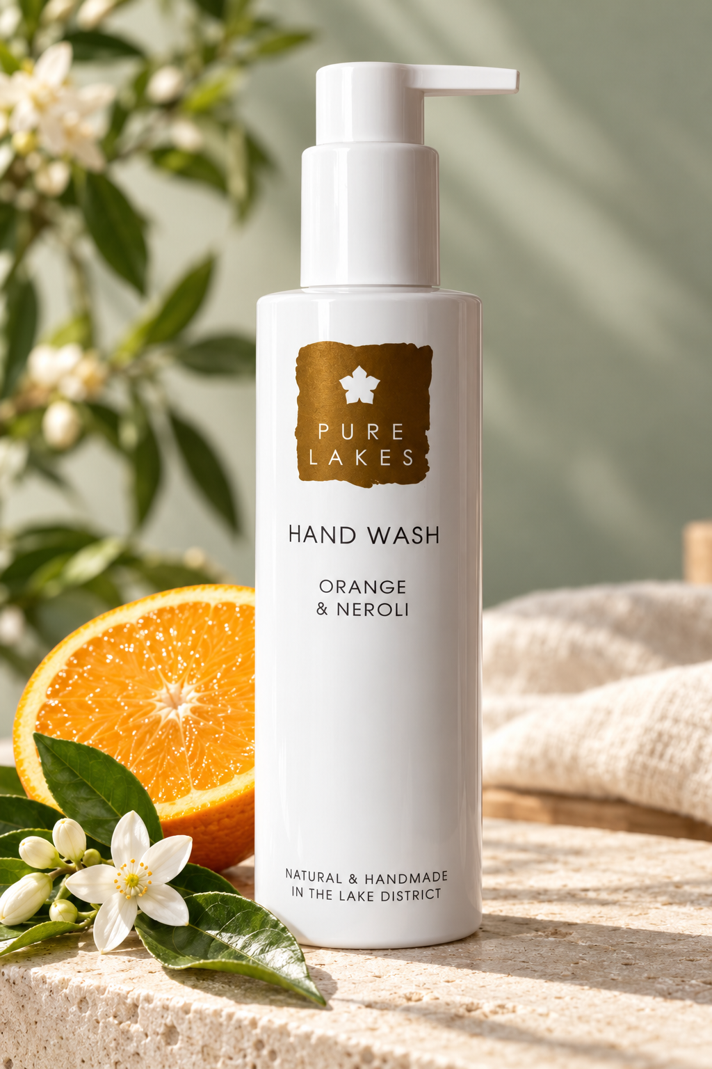 A bottle of Pure Lakes Hand Wash in Orange & Neroli scent, styled on a stone surface with an orange slice, white flowers, and green leaves against a soft green background.