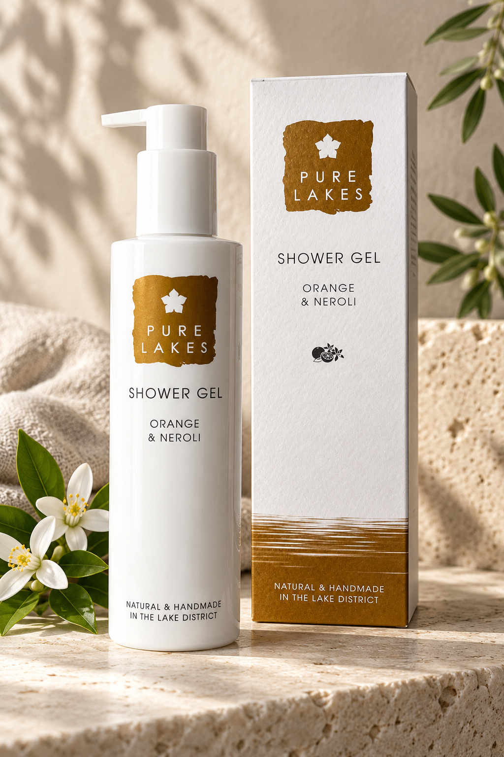 Orange & Neroli shower gel in a 250ml bottle. Contains plant-based cleansing ingredients, glycerin and essential oils. Vegan-friendly. Handmade in the Lake District.