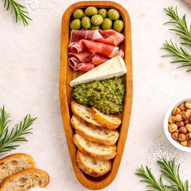 Wooden platter with cured meats, olives, cheese, and bread on a light background.