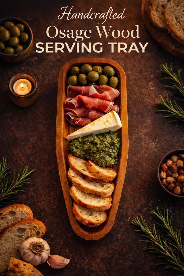Handcrafted Osage Wood Serving Tray with appetizers on a rustic background