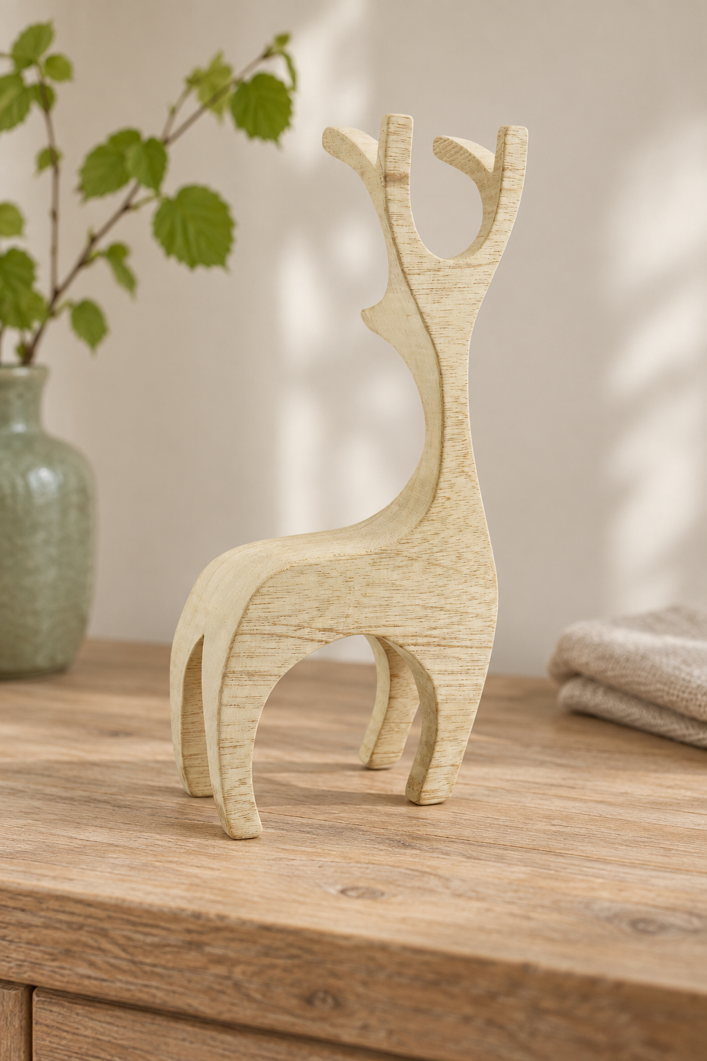 A light natural wood reindeer figurine standing on a wooden table, with a green ceramic vase containing leaves in the background and soft shadows cast across the wall.