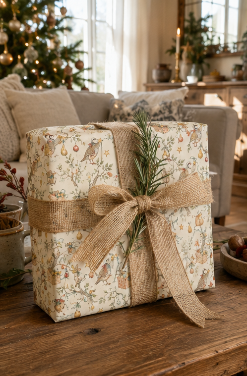 Partridges hold golden stars while tiny mice climb ladders and decorate pear trees with baubles, ribbon and gifts. A detailed pencil-sketch Christmas wrapping paper inspired by a familiar festive favourite.