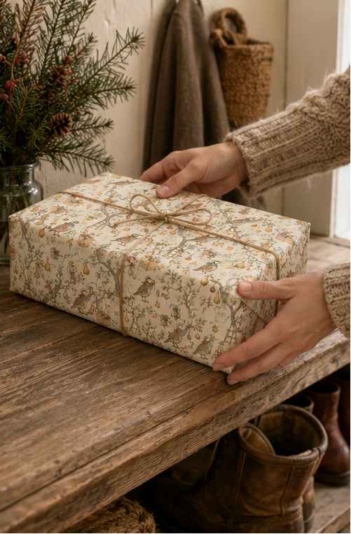 Partridges hold golden stars while tiny mice climb ladders and decorate pear trees with baubles, ribbon and gifts. A detailed pencil-sketch Christmas wrapping paper inspired by a familiar festive favourite.