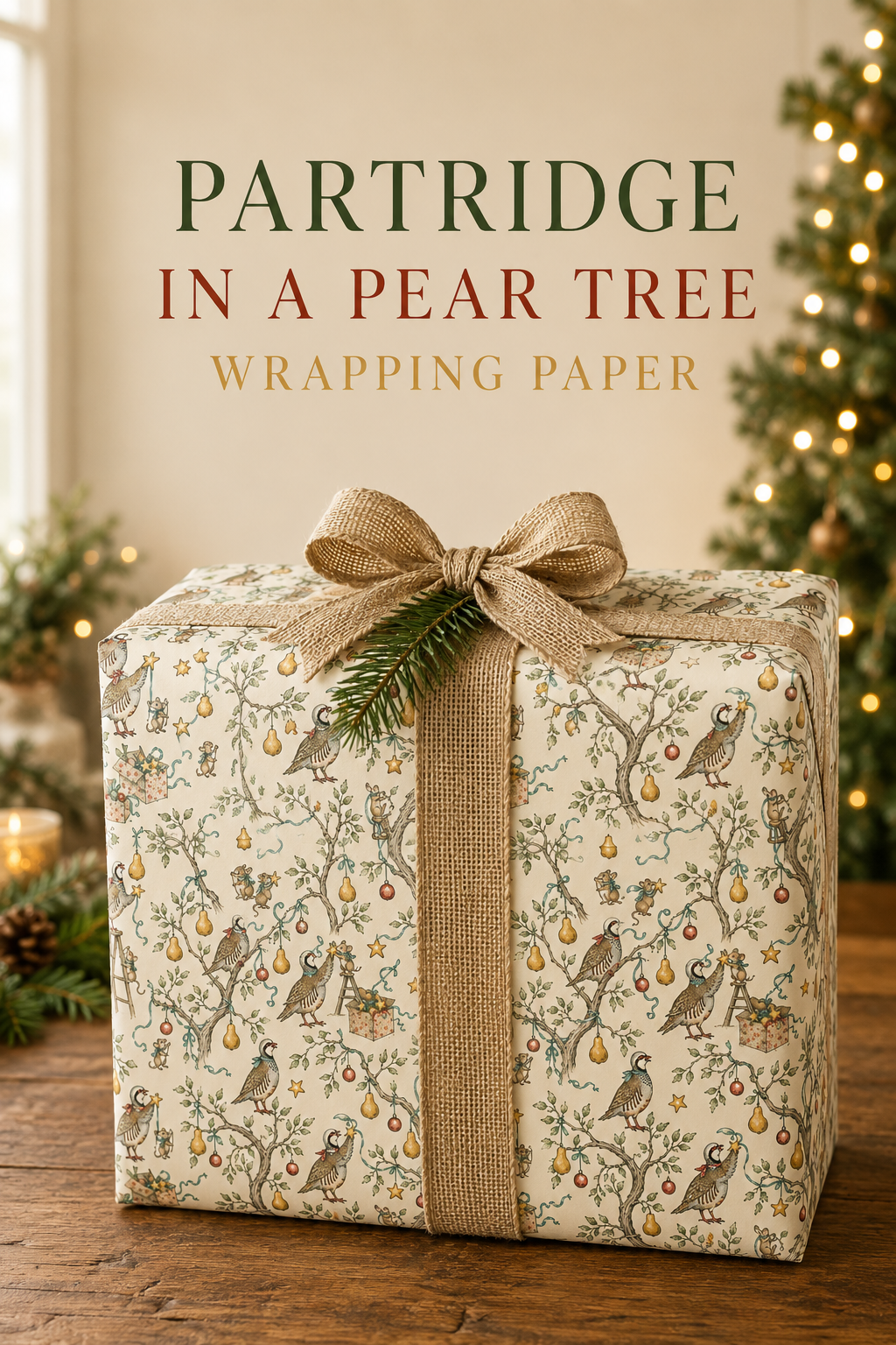 Partridges hold golden stars while tiny mice climb ladders and decorate pear trees with baubles, ribbon and gifts. A detailed pencil-sketch Christmas wrapping paper inspired by a familiar festive favourite.